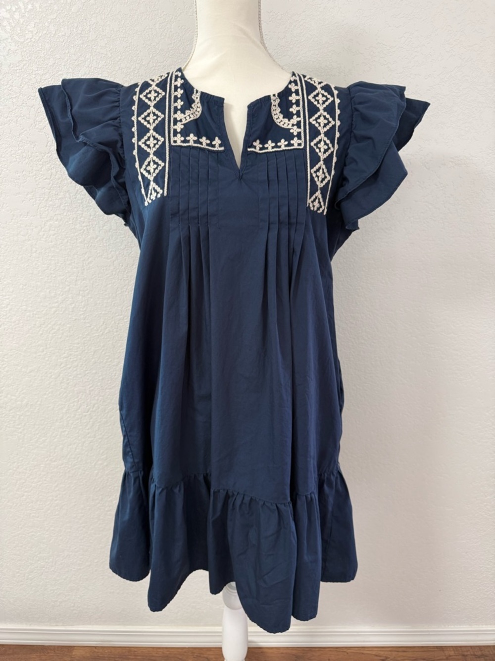 SHE + SKY Navy Blue Embroidered Flutter Sleeve A-Line Dress 100% Cotton L.